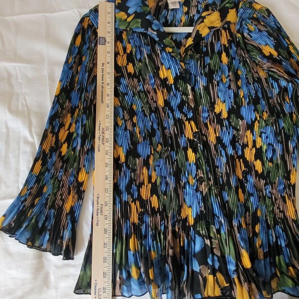 Blue Yellow Black Pleated Ruffled Womens Blouse Covington XL - Picture 8 of 10